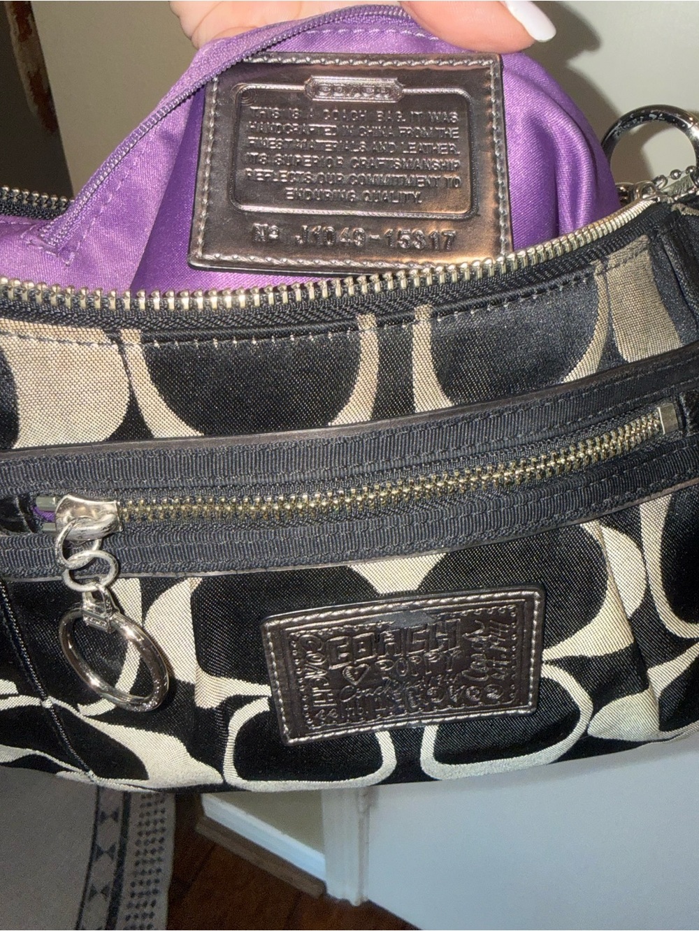 Coach Poppy Y2K Signature Shoulder Bag Black Canvas Silver Metallic Strap Charm - Picture 12 of 15